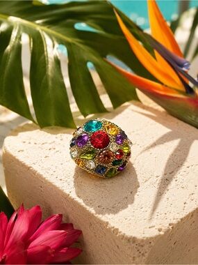 Anthropologie Gold-Tone Dome Statement Ring with Multicolored Vibrant Crystals